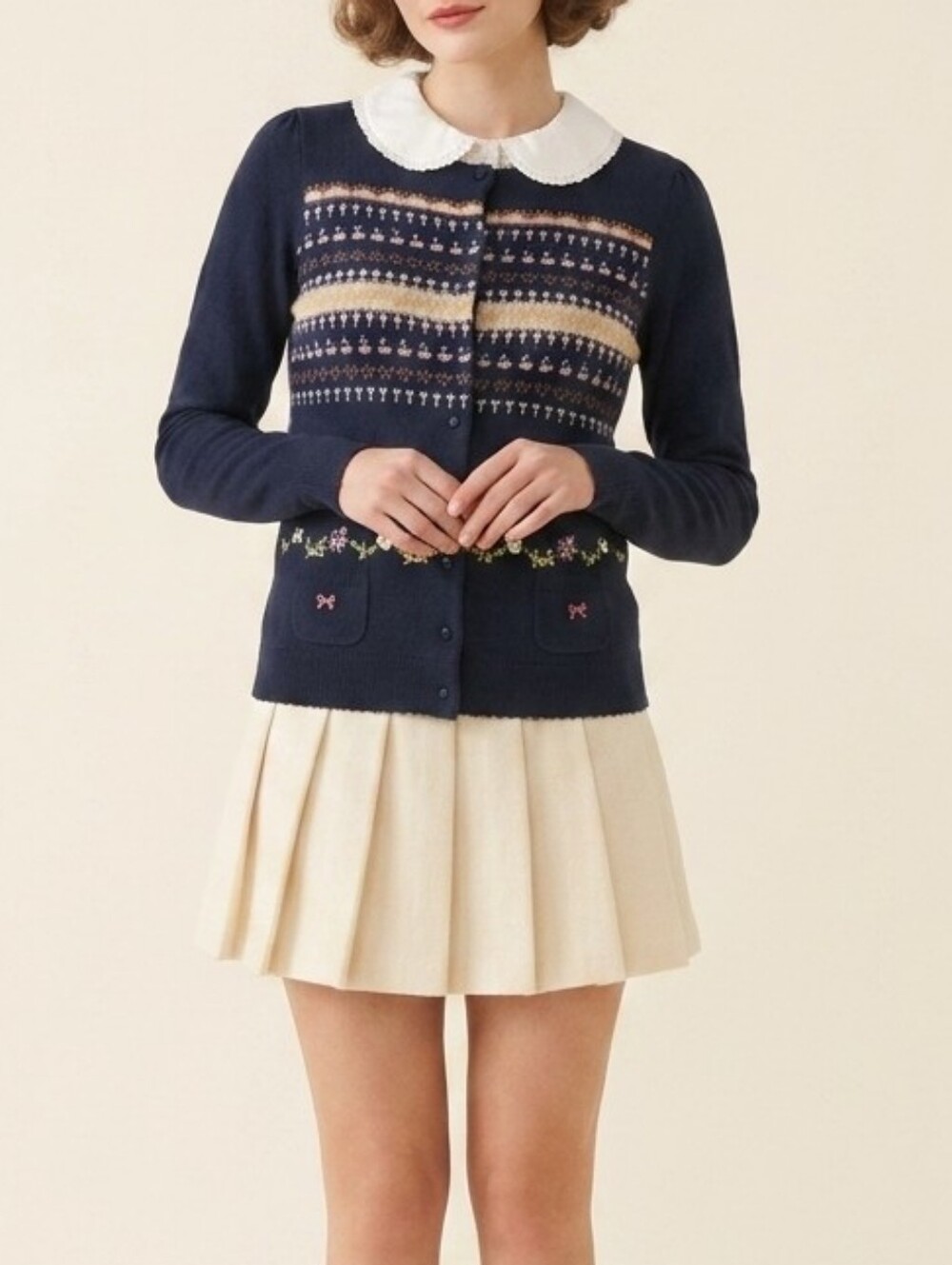 Soft Girl Wool Cardigan With Embroidery Navy Blue Made In Japan